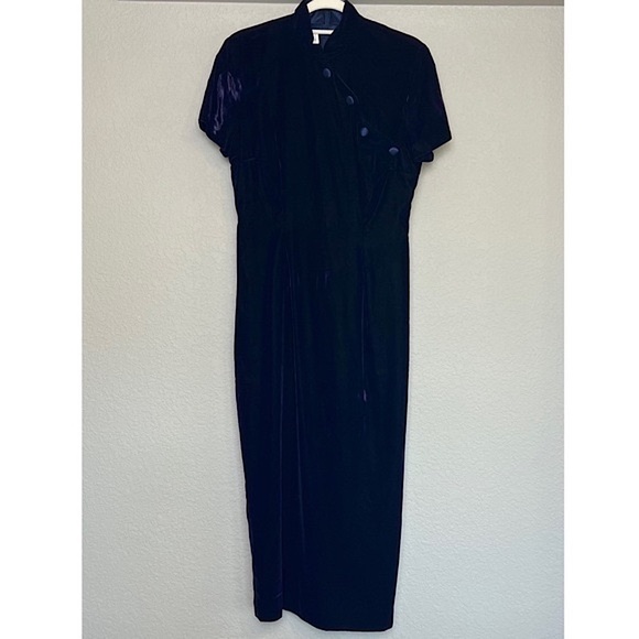 VINTAGE Velvet Mandarin Collar Qipao-Style Maxi Dress in Deep Blue/Purple Size S - Picture 1 of 3
